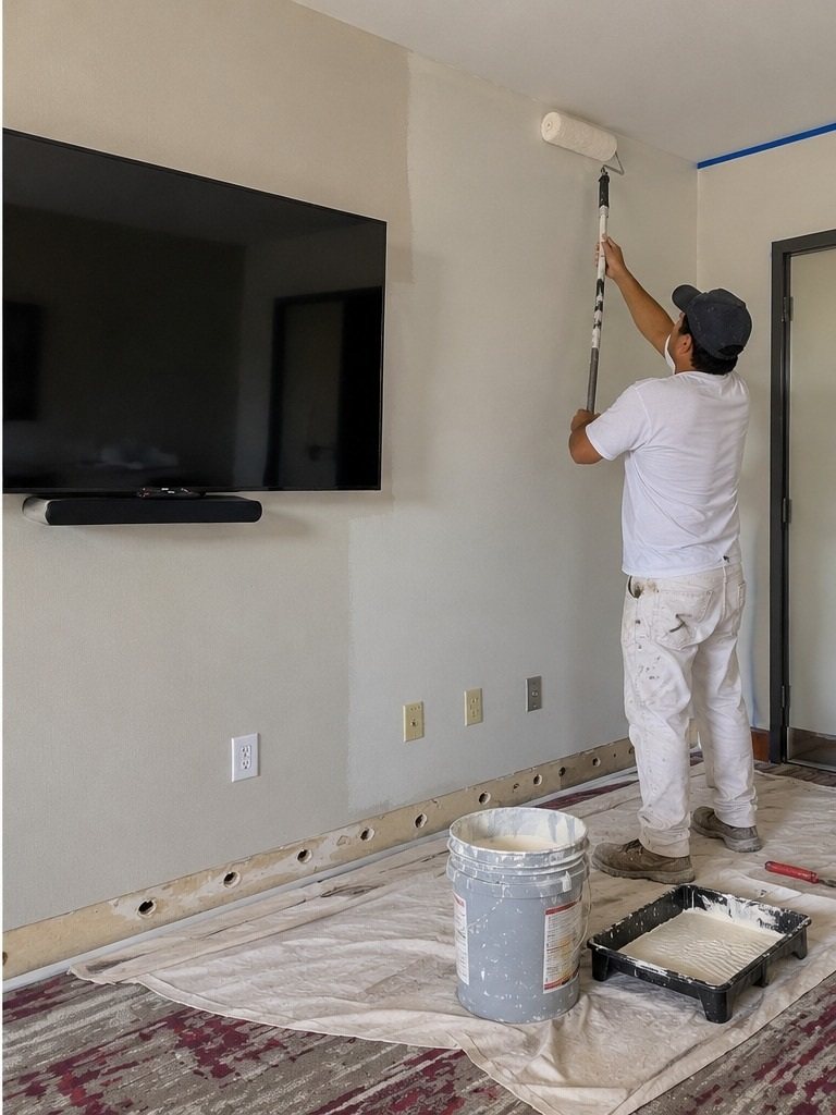 Rolling a finish coat of paint onto an interior wall